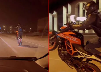 Bursa’da motosiklet sürücüsü kilometrelerce tek teker ilerledi