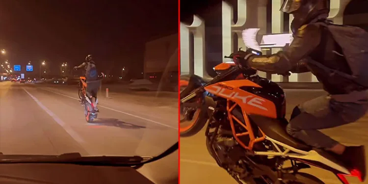 Bursa’da motosiklet sürücüsü kilometrelerce tek teker ilerledi