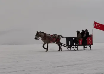 Çıldır Gölü’nde atlı kızak keyfi