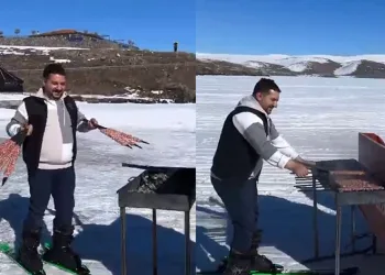 Çıldır Gölü’nde kızak arkasında kebap yaptı