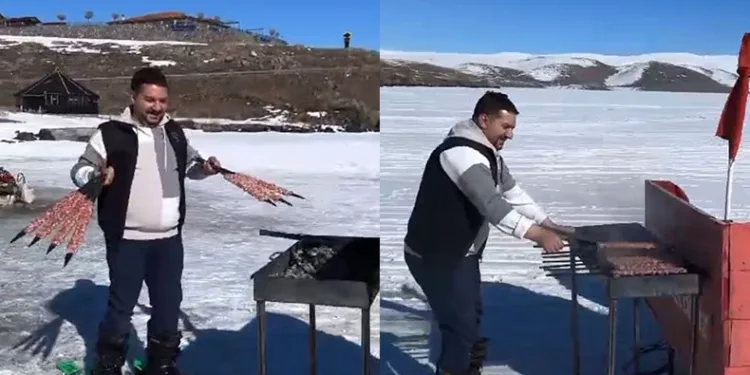 Çıldır Gölü’nde kızak arkasında kebap yaptı