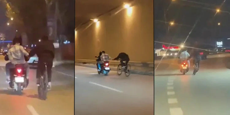 Bursa’da motosiklet ile bisikleti çekti