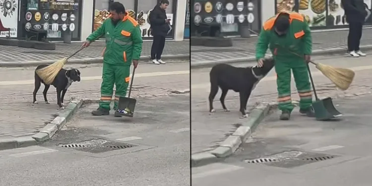 Sokak köpeği ile temizlik görevlisi yüzleri gülümsetti