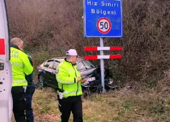 Hız yapan otomobil, hız uyarı tabelasına çarparak durabildi