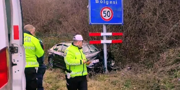 Hız yapan otomobil, hız uyarı tabelasına çarparak durabildi
