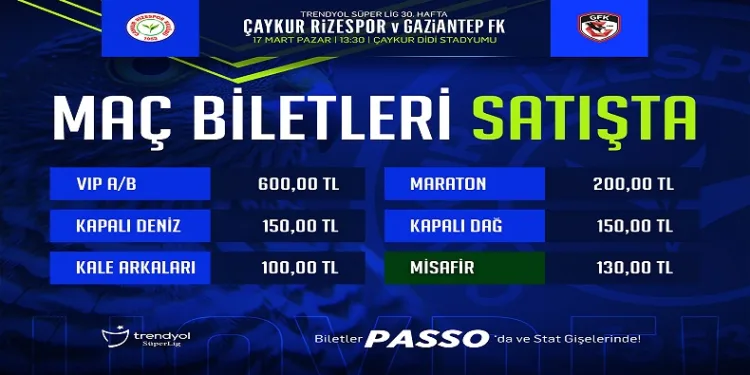 Çaykur Rizespor – Gaziantep FK maçının biletleri satışa çıktı