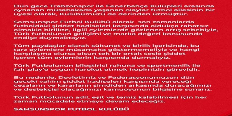 Samsunspor: “Türk futbolunun gelişimi ve marka değeri konusunda endişe duymaktayız”