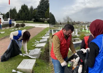 Gönüllü gençler mezarlığı temizledi