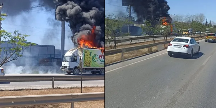 Hareket halindeki kamyonetin kasası yandı