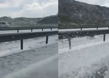 D100 karayolu yağan dolu ile beyaza büründü