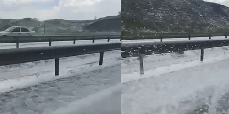 D100 karayolu yağan dolu ile beyaza büründü