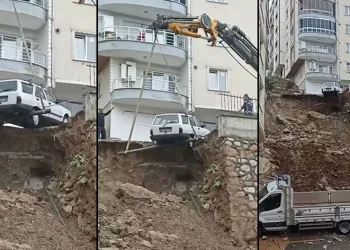 Bursa’da heyelan sonrası otomobiller kurtarıldı
