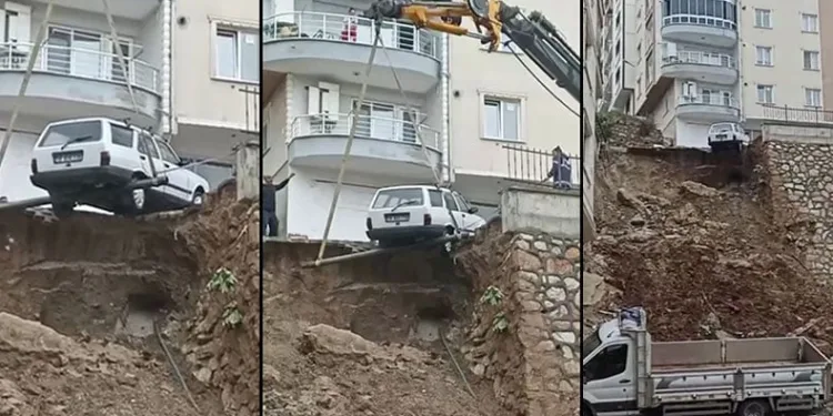 Bursa’da heyelan sonrası otomobiller kurtarıldı