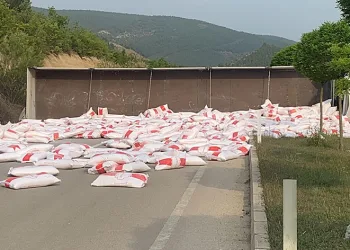 Tokat’ta un yüklü tır devrildi