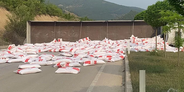 Tokat’ta un yüklü tır devrildi