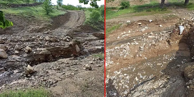 Sağanak sonrası köy yolu çöktü