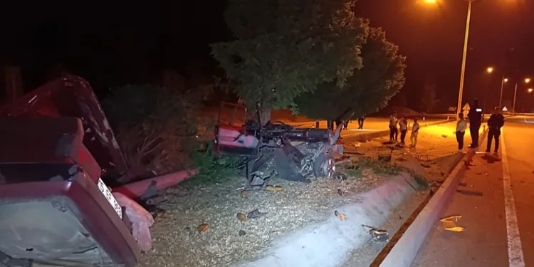 Kontrolden çıkan otomobil ikiye bölündü