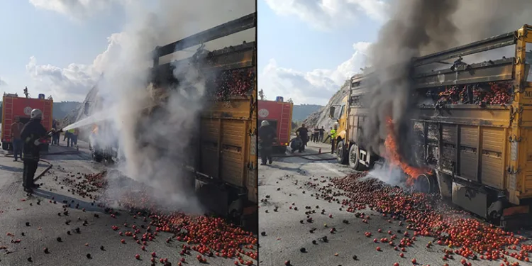 Tarsus’ta domates yüklü kamyon yandı