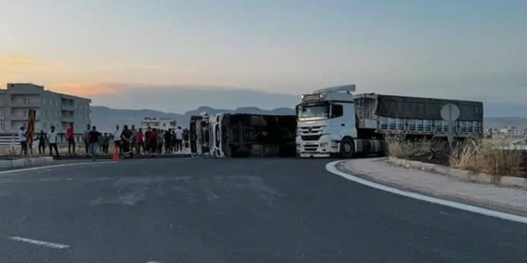 Mardin’de buğday yüklü kamyon devrildi