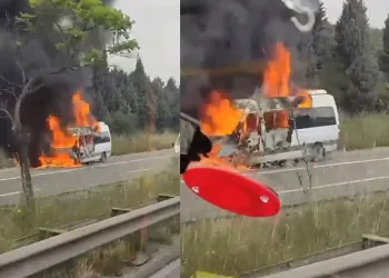 TEM’de minibüs alev alev yandı
