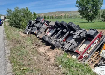 Tır şarampole devrildi, sürücü yara almadan kurtuldu
