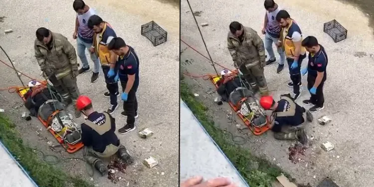 Dereye düşen kişiyi itfaiye halat yardımıyla kurtardı