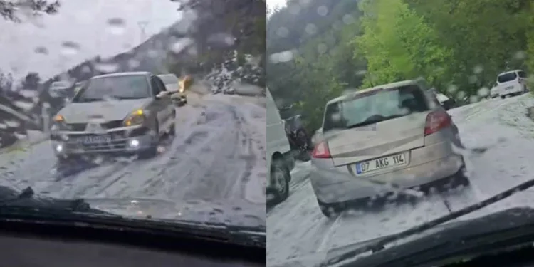 Şiddetli dolu yağışı yayla yolunu beyaza bürüdü
