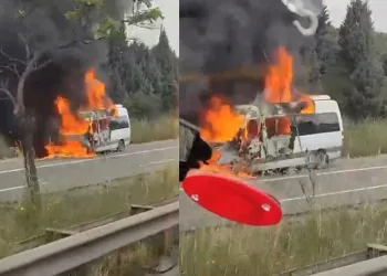 TEM’de minibüs alev alev yandı