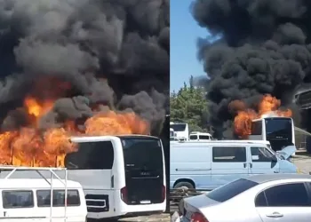 Park halindeki otobüs alev alev yandı