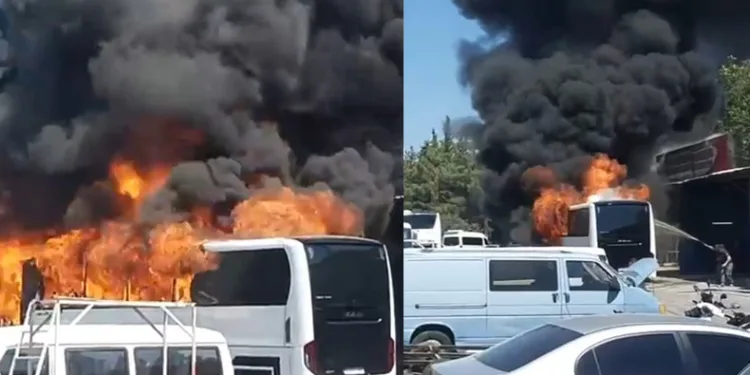 Park halindeki otobüs alev alev yandı
