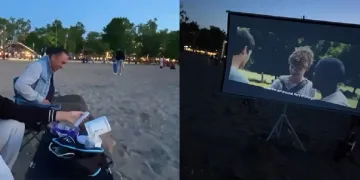 Plajı açık hava sinemasına çevirdiler