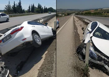 Bursa-Balıkesir karayolunda otomobil refüje çarptı: 2 yaralı