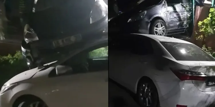 Kontrolden çıkan otomobil, başka bir aracın üzerine düştü