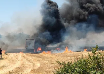 Buğday tarlasındaki kamyon alev aldı
