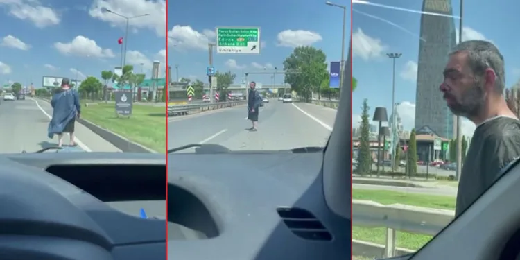 Ameliyathane önlüğüyle karayolunda metrelerce yürüdü