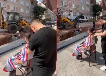 Bursa’da traş olurken iş makinelerini izledi