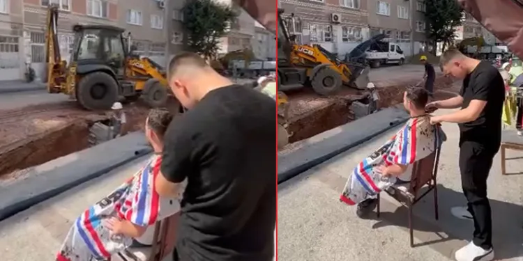 Bursa’da traş olurken iş makinelerini izledi