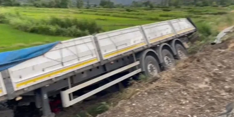 Yoldan çıkan 2 tır peş peşe çeltik tarlasına devrildi