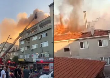 Pendik’te 4 katlı binanın çatısı alev alev yandı