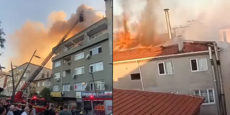 Pendik’te 4 katlı binanın çatısı alev alev yandı