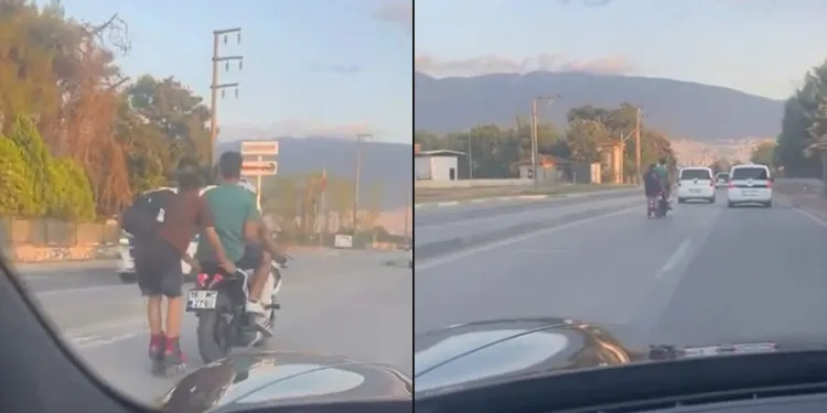 Motosiklete tutunan patenli genç ölüme meydan okudu