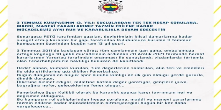 Fenerbahçe’den 3 Temmuz açıklaması