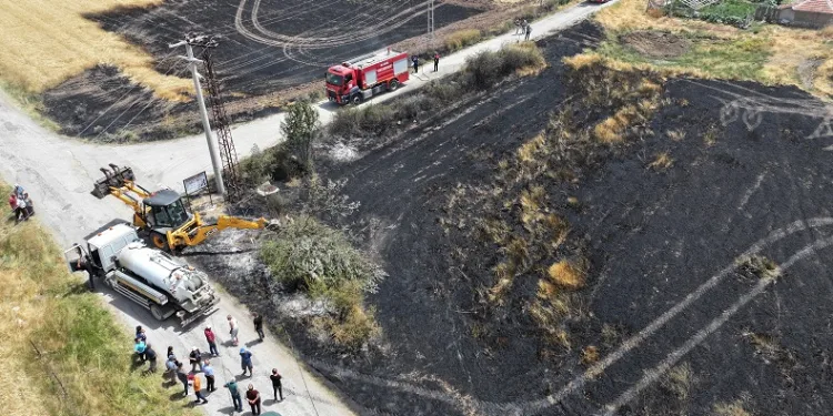 Temizlik için yakılan ateş ekili arazi ile 600 balya samanı küle çevirdi