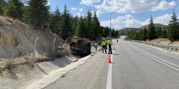 Hafif ticari araç, direğe çarpıp devrildi