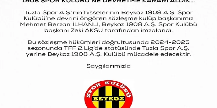 Tuzlaspor, hisselerini Beykoz 1908 SK’ya devrettiğini açıkladı