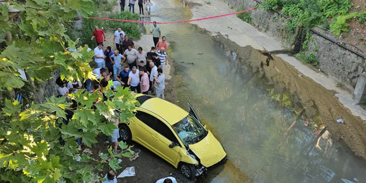 Kamyonun çarptığı ticari taksi dereye uçtu