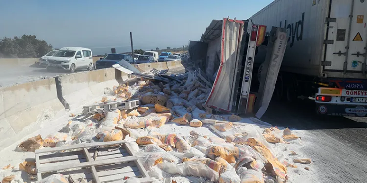 Devrilen tırdan onlarca çimento torbası yola savruldu