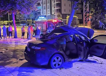 Ağaca çarpan otomobilde bulunan 2 kişi can verdi