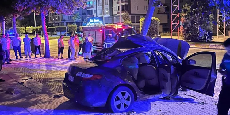 Ağaca çarpan otomobilde bulunan 2 kişi can verdi