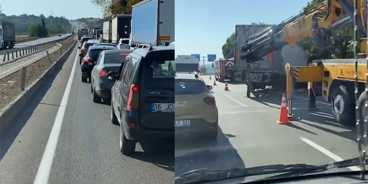 Bursa’da devrilen tır yolu kapattı, kuyruk oluştu